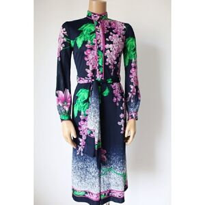 Vintage Japanese Inspired Floral Navy Dress with Pink and Green Accents